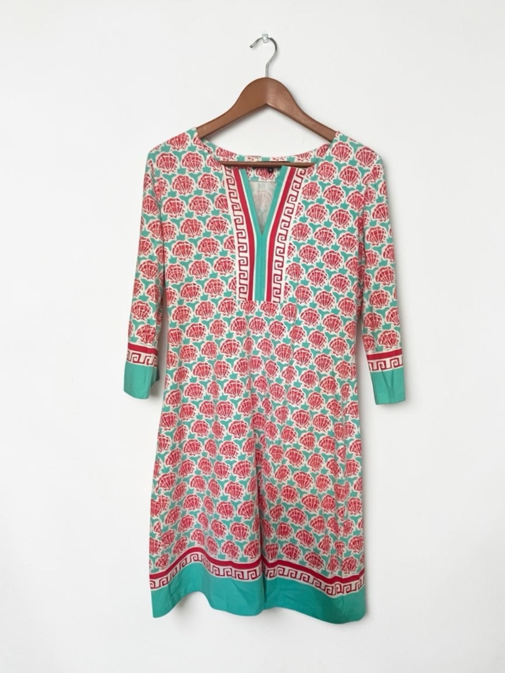 Barbara Erickson Clam Shell Coastal Beach Tunic Dress in Coral Teal size M
